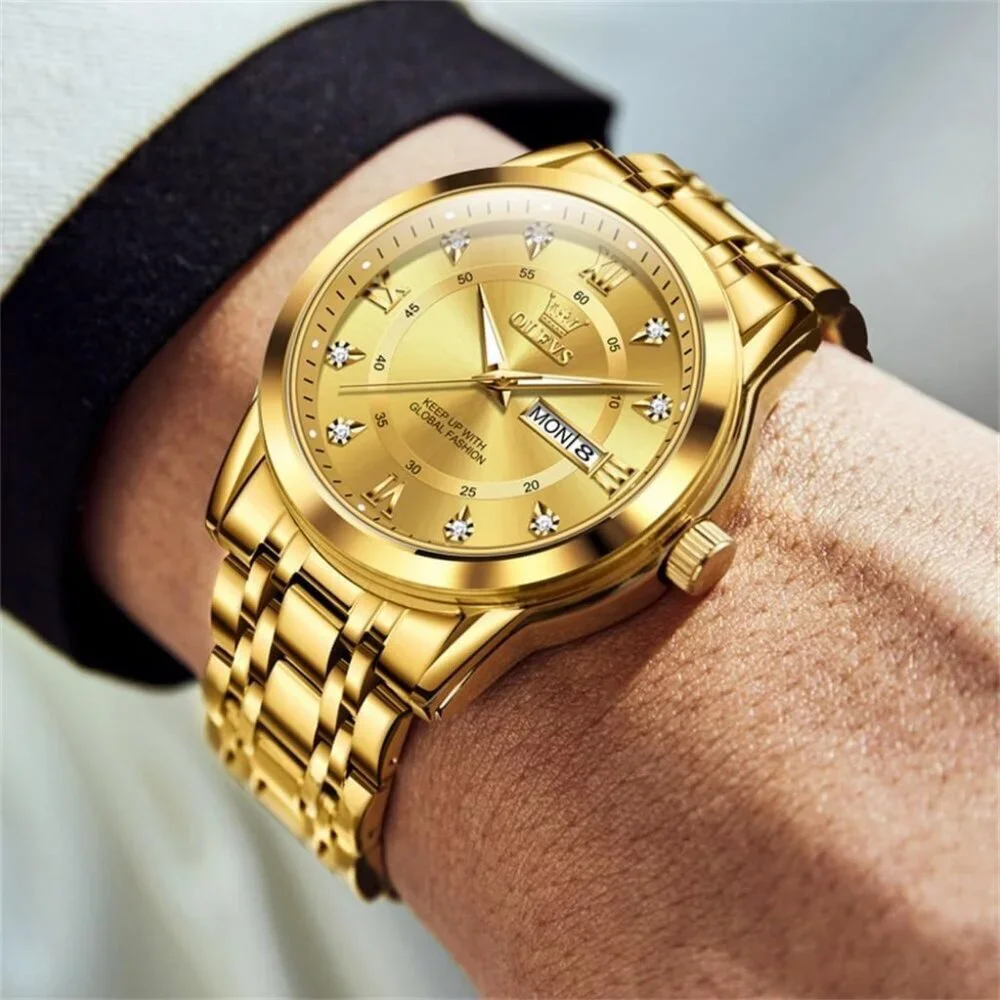Olevs Men's Gold-Men Stainless Steel Man Watch with Date Luminous Stylish Watch